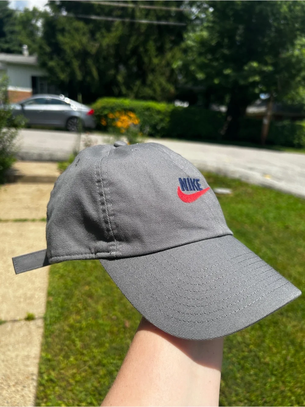 Nike Gray Baseball Cap with Red Swoosh and Navy Logo